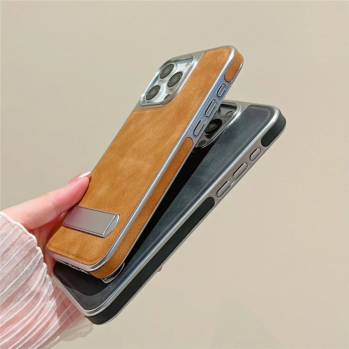 For iPhone 15 Pro Max Case with Hidden Kickstand Leather + PC + TPU Matte Electroplated Phone Cover - Brown - 4