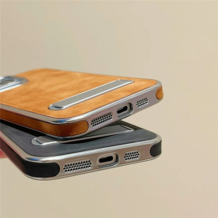 For iPhone 15 Pro Max Case with Hidden Kickstand Leather + PC + TPU Matte Electroplated Phone Cover - Brown - 6