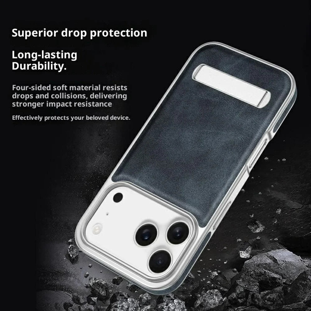 For iPhone 17 Pro Case with Hidden Kickstand Leather + PC + TPU Matte Electroplated Phone Cover - Brown - 4