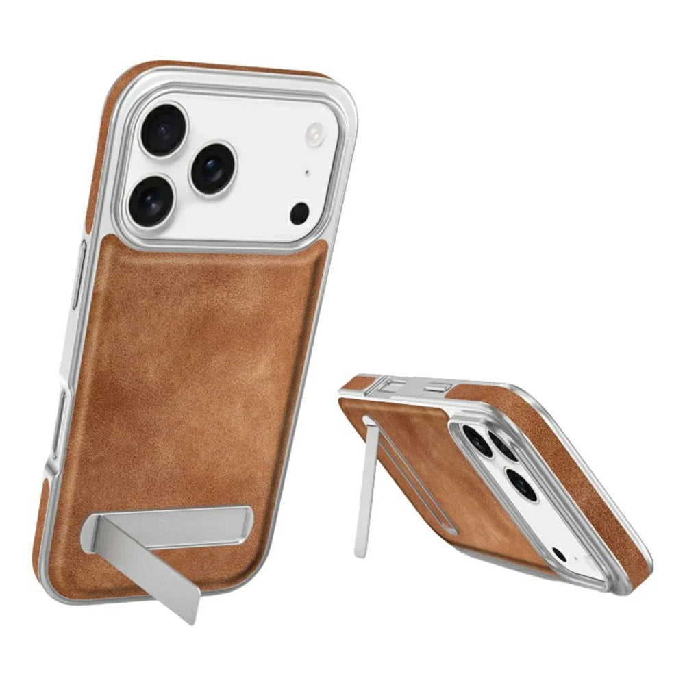 For iPhone 17 Pro Max Case with Hidden Kickstand Leather + PC + TPU Matte Electroplated Phone Cover - Brown - 1
