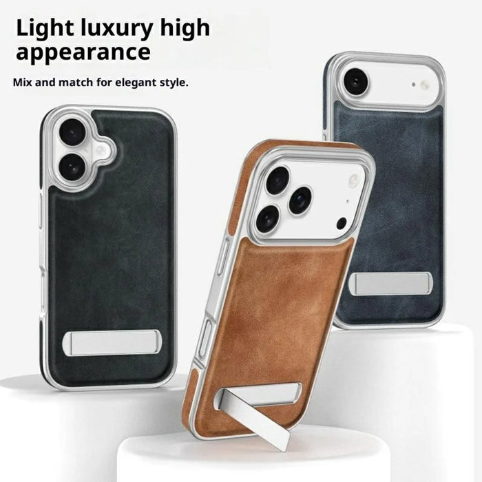 For iPhone 17 Pro Max Case with Hidden Kickstand Leather + PC + TPU Matte Electroplated Phone Cover - Brown - 2