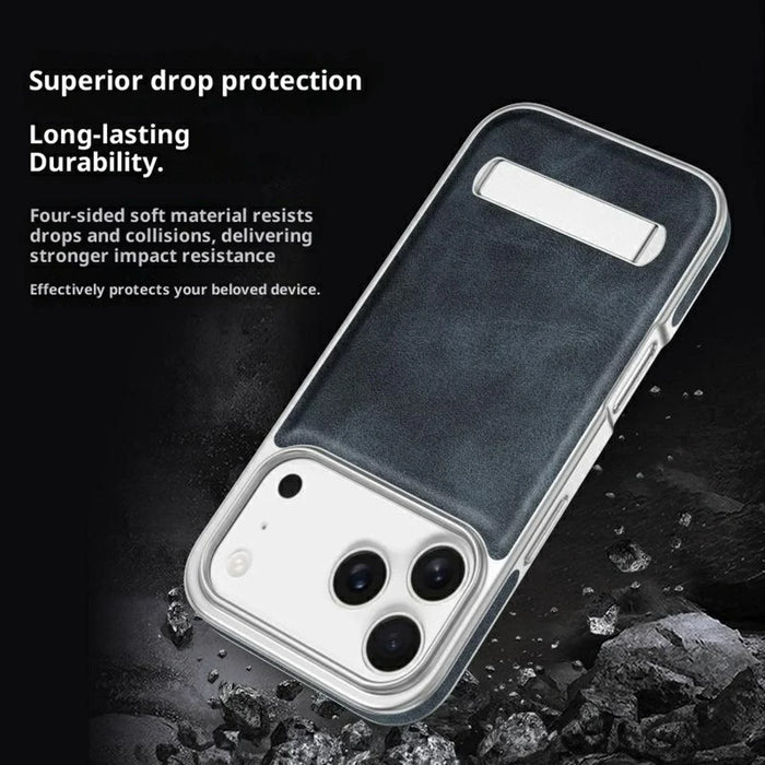 For iPhone 17 Pro Max Case with Hidden Kickstand Leather + PC + TPU Matte Electroplated Phone Cover - Brown - 4