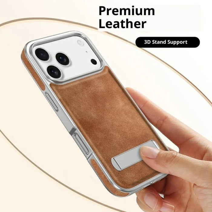 For iPhone 17 Pro Max Case with Hidden Kickstand Leather + PC + TPU Matte Electroplated Phone Cover - Brown - 5