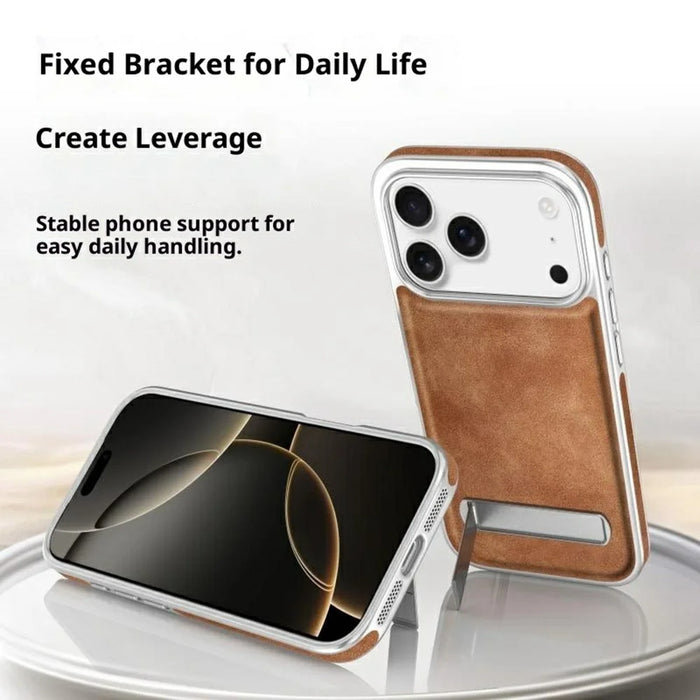For iPhone 17 Pro Max Case with Hidden Kickstand Leather + PC + TPU Matte Electroplated Phone Cover - Brown - 6