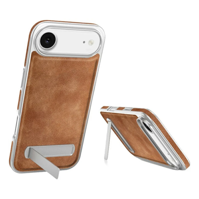 For iPhone Air Case with Hidden Kickstand Leather + PC + TPU Matte Electroplated Phone Cover - Brown - 1