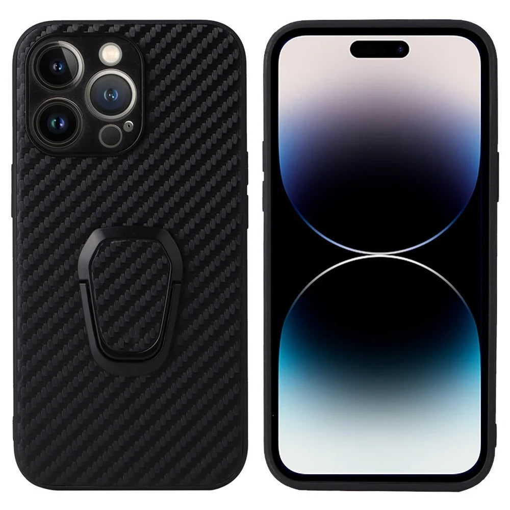 For iPhone 14 Pro Max PU Leather Coated PC+TPU Hybrid Case Kickstand Shockproof Protective Phone Cover - Carbon Fiber Texture - 1