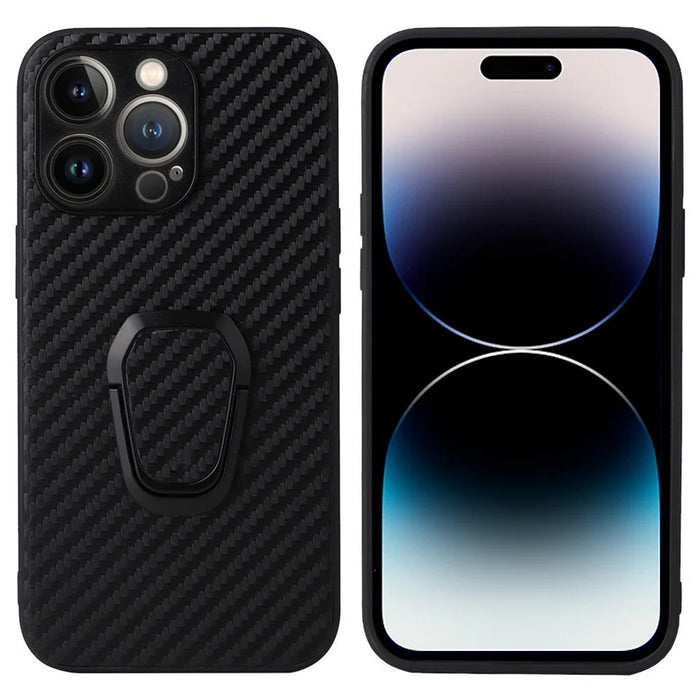 For iPhone 14 Pro Max PU Leather Coated PC+TPU Hybrid Case Kickstand Shockproof Protective Phone Cover - Carbon Fiber Texture - 1