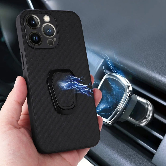 For iPhone 14 Pro Max PU Leather Coated PC+TPU Hybrid Case Kickstand Shockproof Protective Phone Cover - Carbon Fiber Texture - 3