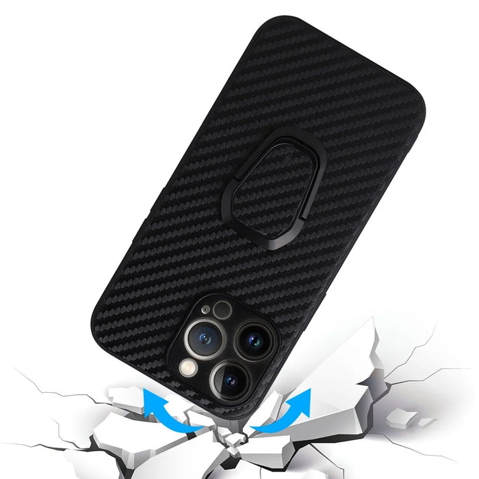For iPhone 14 Pro Max PU Leather Coated PC+TPU Hybrid Case Kickstand Shockproof Protective Phone Cover - Carbon Fiber Texture - 4