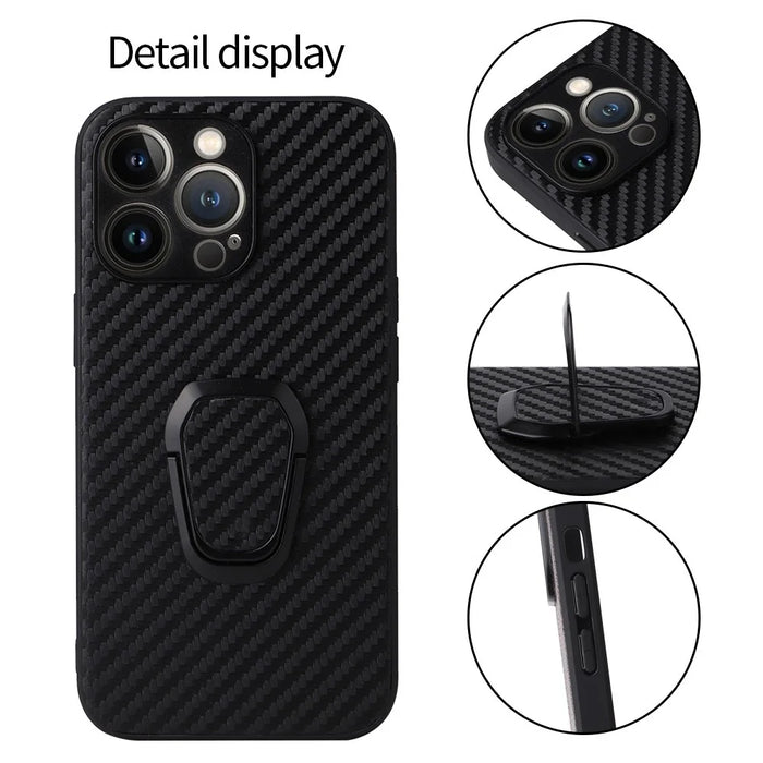 For iPhone 14 Pro Max PU Leather Coated PC+TPU Hybrid Case Kickstand Shockproof Protective Phone Cover - Carbon Fiber Texture - 6