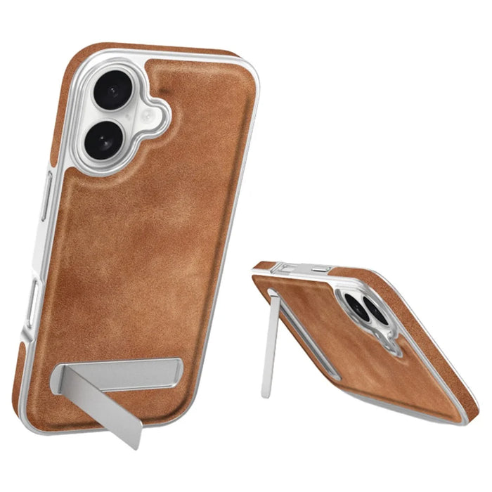 For iPhone 17 Case with Hidden Kickstand Leather + PC + TPU Matte Electroplated Phone Cover - Brown - 1