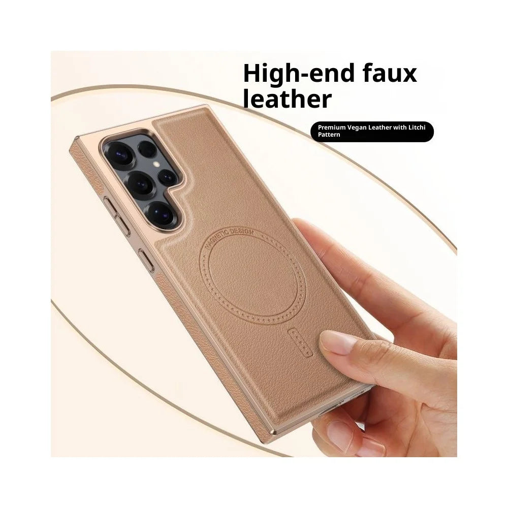 For Samsung Galaxy S23 Ultra Magnetic Case Electroplating Edge PU + TPU + PC Phone Cover - Desert Gold - 5