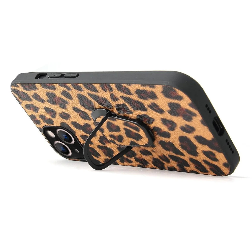 For iPhone 14 Plus Car Mount Kickstand Hybrid Case PU Leather Coated PC+TPU Anti-Scratch Phone Cover - Leopard - 2