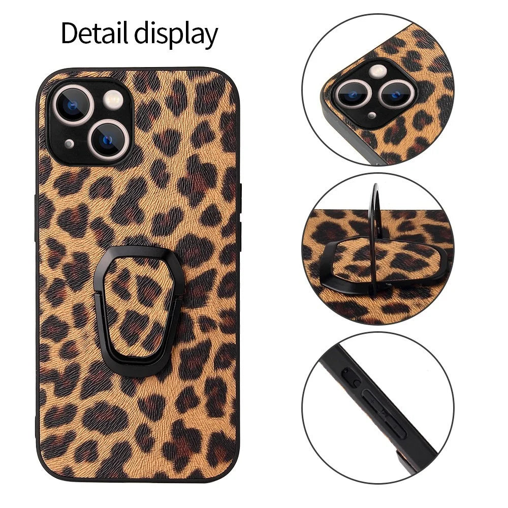 For iPhone 14 Plus Car Mount Kickstand Hybrid Case PU Leather Coated PC+TPU Anti-Scratch Phone Cover - Leopard - 6