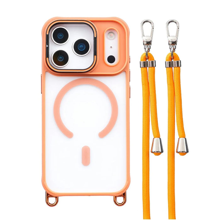 For iPhone 17 Pro Max Case Compatible with MagSafe PC TPU Phone Cover with Adjustable Lanyard / Camera Frame Kickstand - Orange - 1