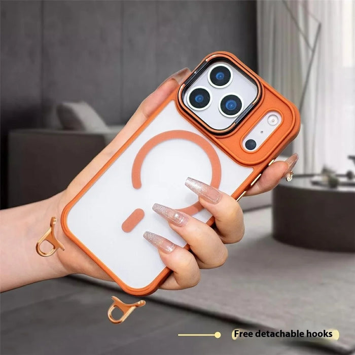 For iPhone 17 Pro Max Case Compatible with MagSafe PC TPU Phone Cover with Adjustable Lanyard / Camera Frame Kickstand - Orange - 2