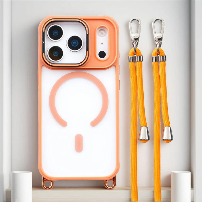 For iPhone 17 Pro Max Case Compatible with MagSafe PC TPU Phone Cover with Adjustable Lanyard / Camera Frame Kickstand - Orange - 3