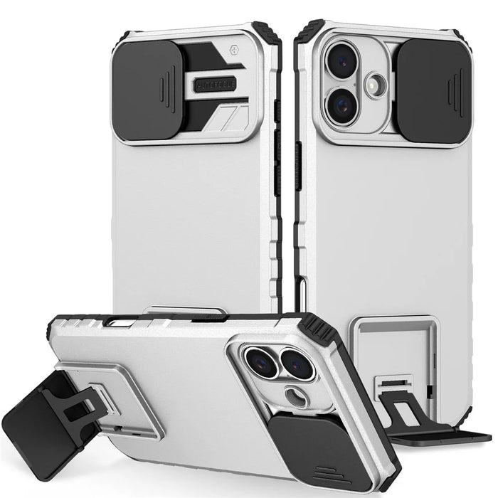 For iPhone 17 Case Camera Slider PC + TPU Phone Cover with Kickstand - White - 1