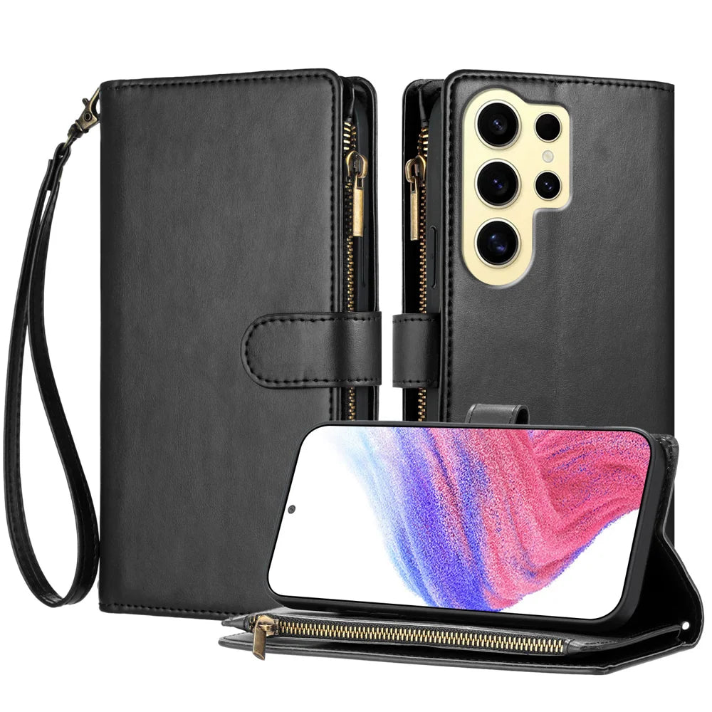For Samsung Galaxy S24 Ultra Leather Case Zipper Wallet Stand Shockproof Phone Cover with Wrist Strap - Black - 1