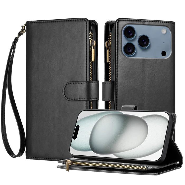For iPhone 18 Pro Max / 17 Pro Max Leather Case Zipper Wallet Stand Shockproof Phone Cover with Wrist Strap - Black - 1