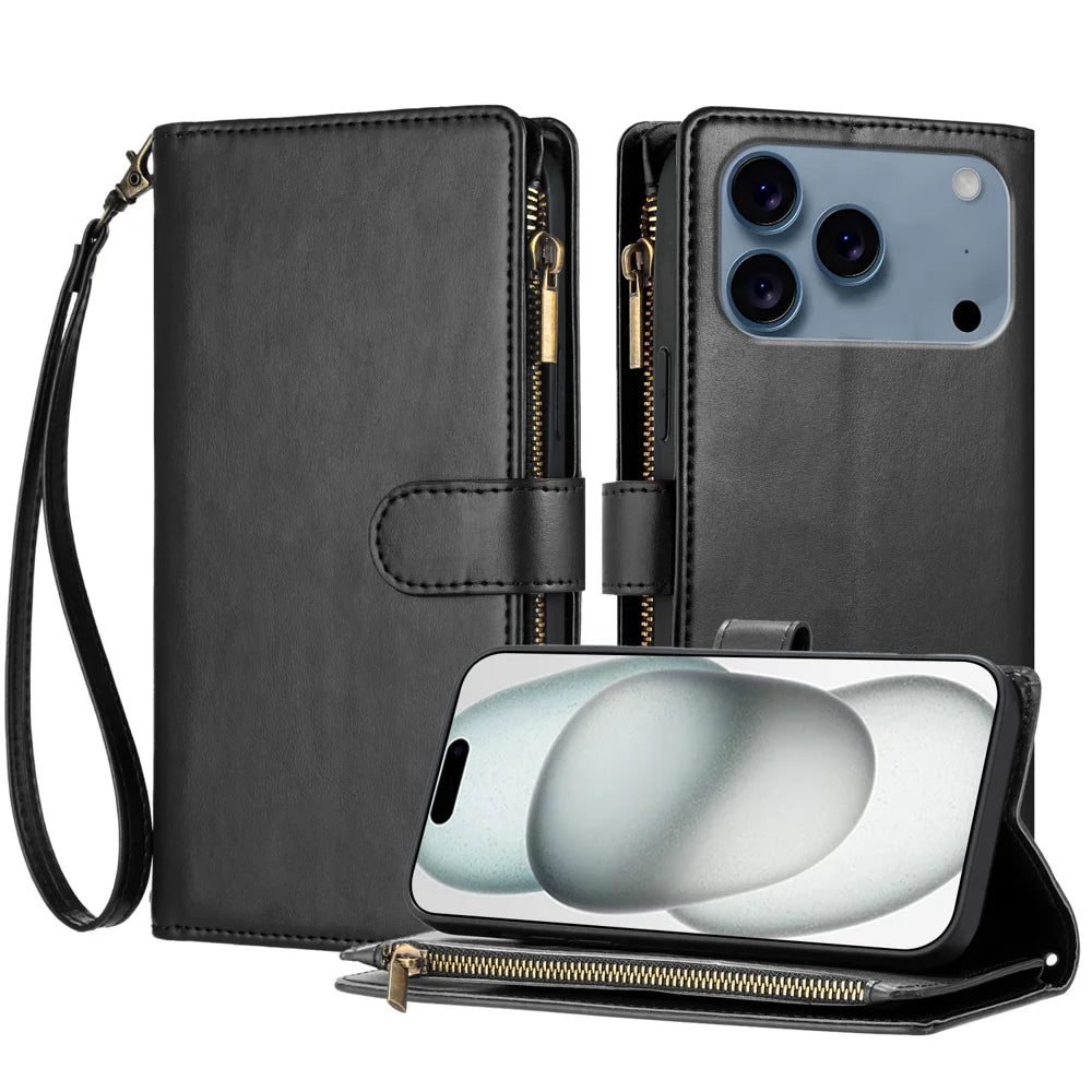 For iPhone 18 Pro / 17 Pro Leather Case Zipper Wallet Stand Shockproof Phone Cover with Wrist Strap - Black - 1