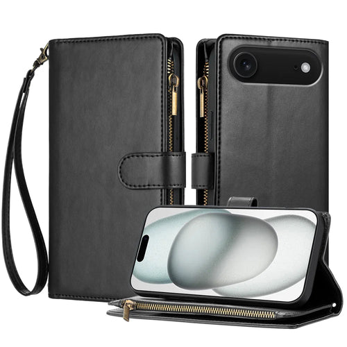For iPhone Air Leather Case Zipper Wallet Stand Shockproof Phone Cover with Wrist Strap - Black - 1