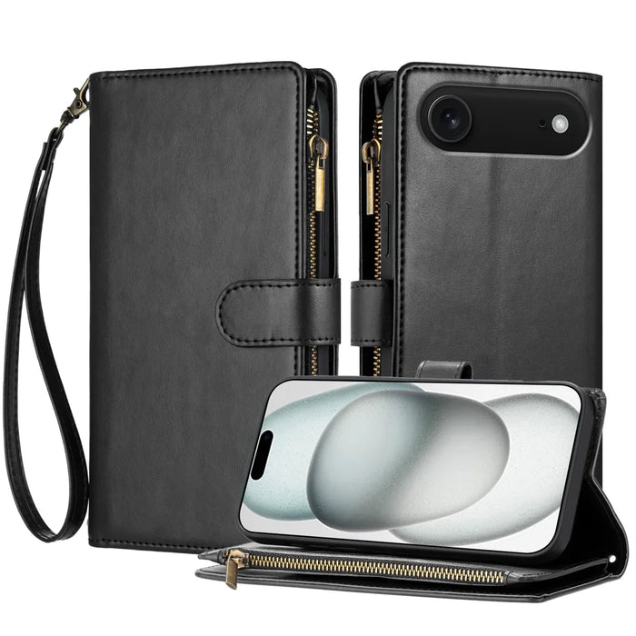 For iPhone Air Leather Case Zipper Wallet Stand Shockproof Phone Cover with Wrist Strap - Black - 1
