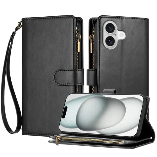 For iPhone 17 Leather Case Zipper Wallet Stand Shockproof Phone Cover with Wrist Strap - Black - 1