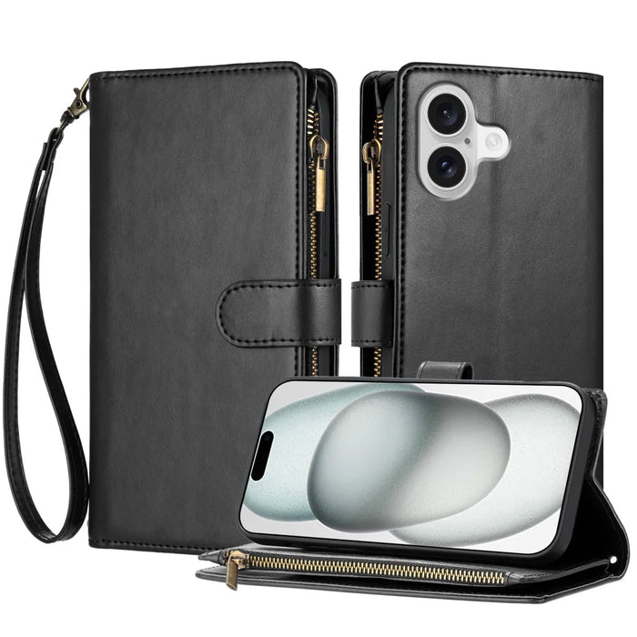 For iPhone 17 Leather Case Zipper Wallet Stand Shockproof Phone Cover with Wrist Strap - Black - 1