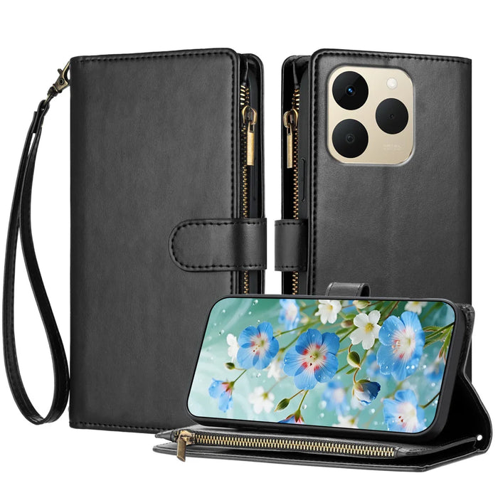 For Realme 15T 5G Leather Case Zipper Wallet Stand Shockproof Phone Cover with Wrist Strap - Black - 1