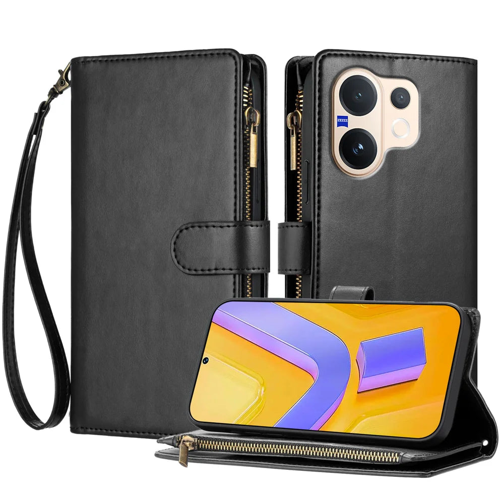 For vivo V60 5G Leather Case Zipper Wallet Stand Shockproof Phone Cover with Wrist Strap - Black - 1