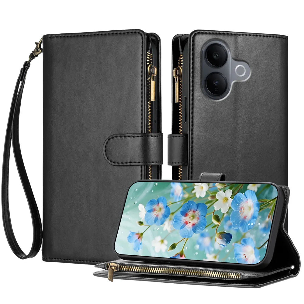 For vivo V60 Lite 4G / vivo V60 Lite 5G Leather Case Zipper Wallet Stand Shockproof Phone Cover with Wrist Strap - Black - 1
