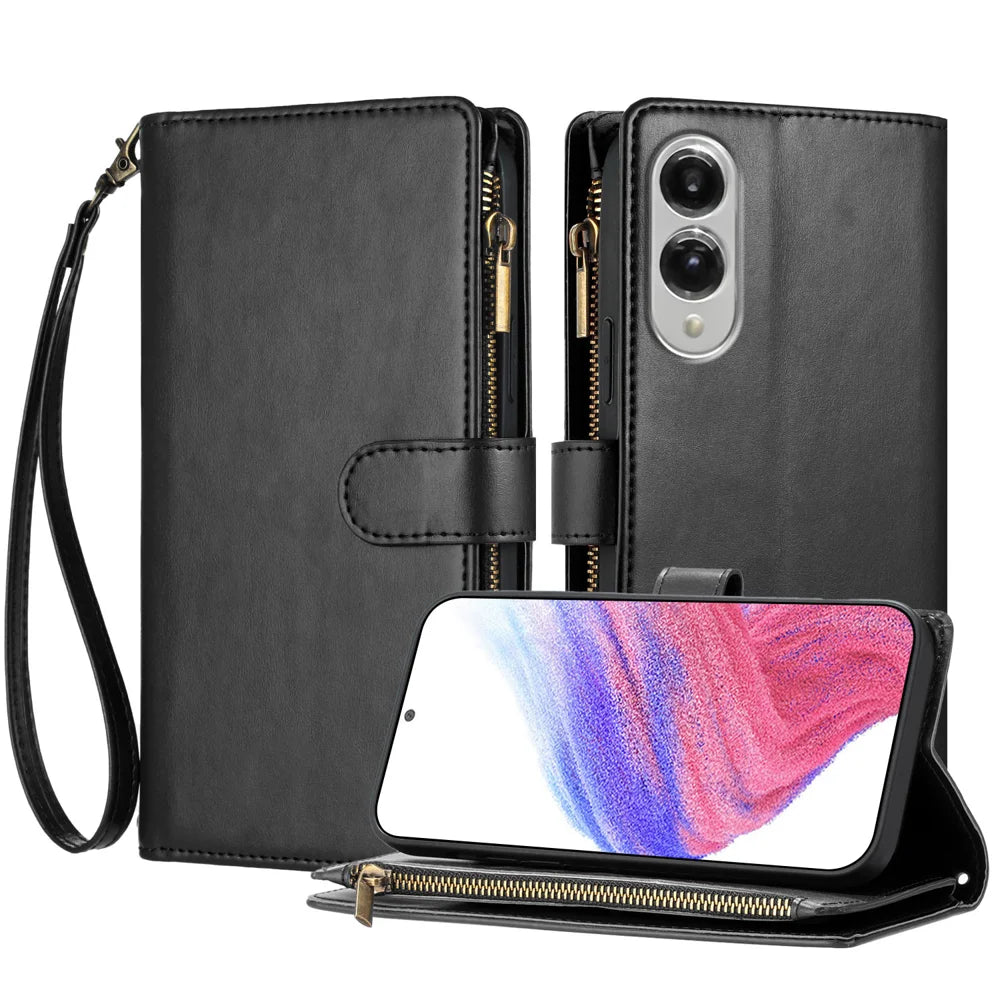 For Samsung Galaxy S25 Edge Leather Case Zipper Wallet Stand Shockproof Phone Cover with Wrist Strap - Black - 1