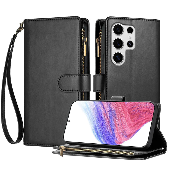For Samsung Galaxy S25 Ultra Leather Case Zipper Wallet Stand Shockproof Phone Cover with Wrist Strap - Black - 1