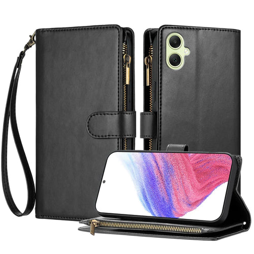 For Samsung Galaxy A05 4G Leather Case Zipper Wallet Stand Shockproof Phone Cover with Wrist Strap - Black - 1
