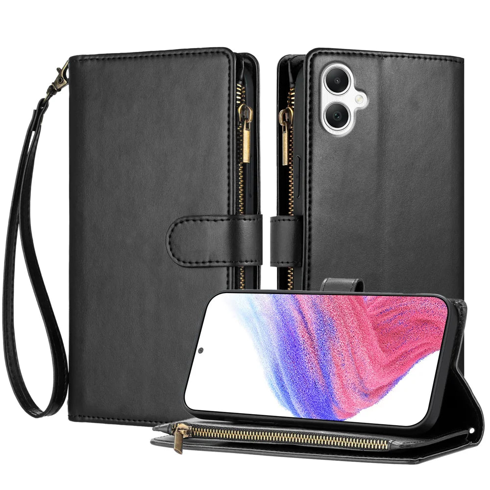 For Samsung Galaxy A08 5G / A08 4G / A07 4G / A06 4G / A06 5G Leather Case Zipper Wallet Stand Shockproof Phone Cover with Wrist Strap - Black - 1