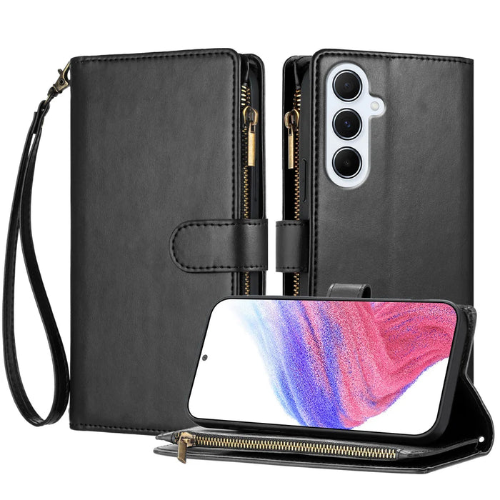 For Samsung Galaxy A18 5G / A18 4G / A17 5G / A17 4G / A26 5G Leather Case Zipper Wallet Stand Shockproof Phone Cover with Wrist Strap - Black - 1