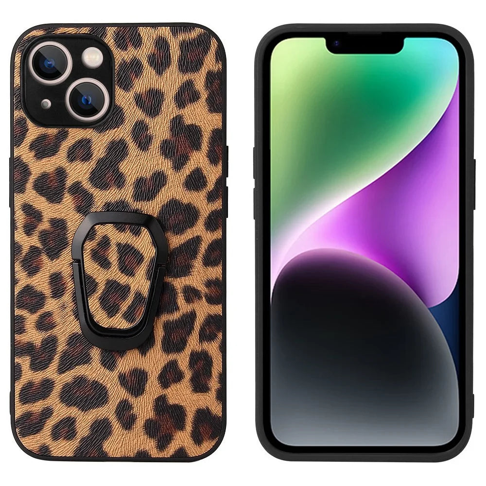 For iPhone 14 PU Leather Coated PC+TPU Hybrid Shockproof Case Finger Holder Car Mount Kickstand Protective Phone Cover - Leopard - 1