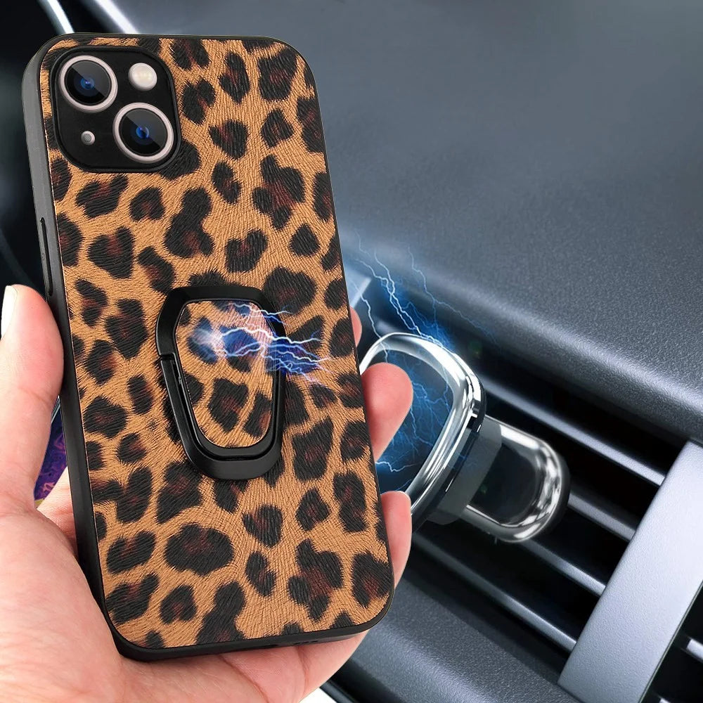 For iPhone 14 PU Leather Coated PC+TPU Hybrid Shockproof Case Finger Holder Car Mount Kickstand Protective Phone Cover - Leopard - 3