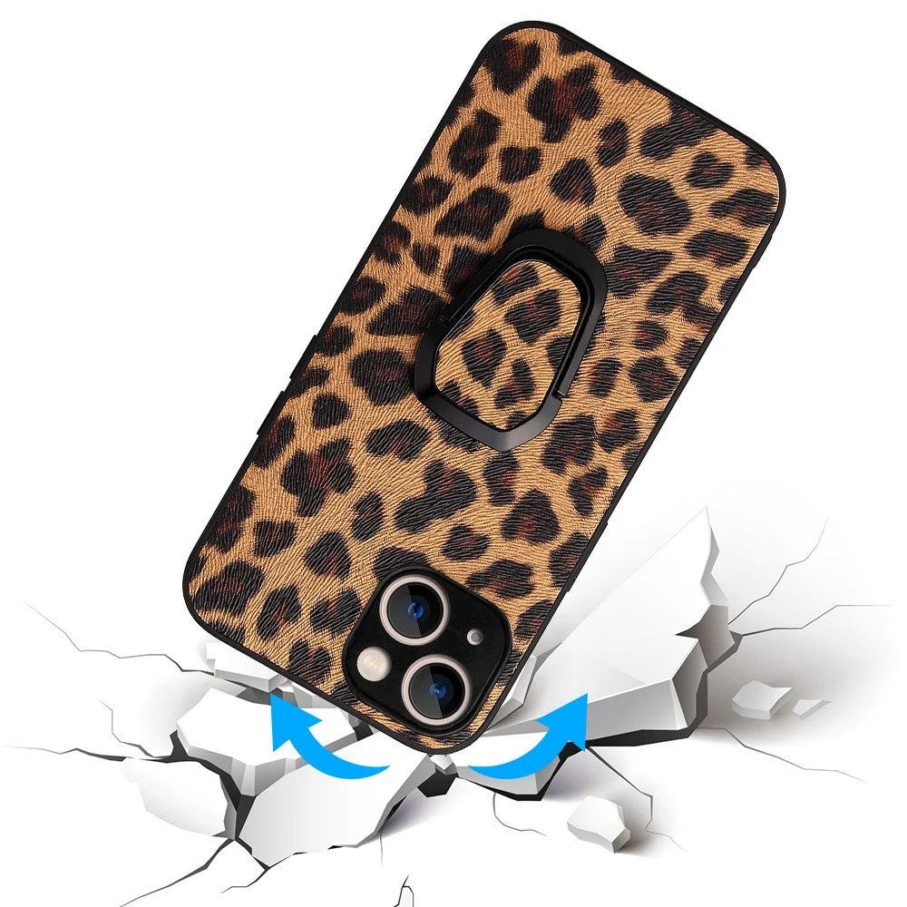 For iPhone 14 PU Leather Coated PC+TPU Hybrid Shockproof Case Finger Holder Car Mount Kickstand Protective Phone Cover - Leopard - 4