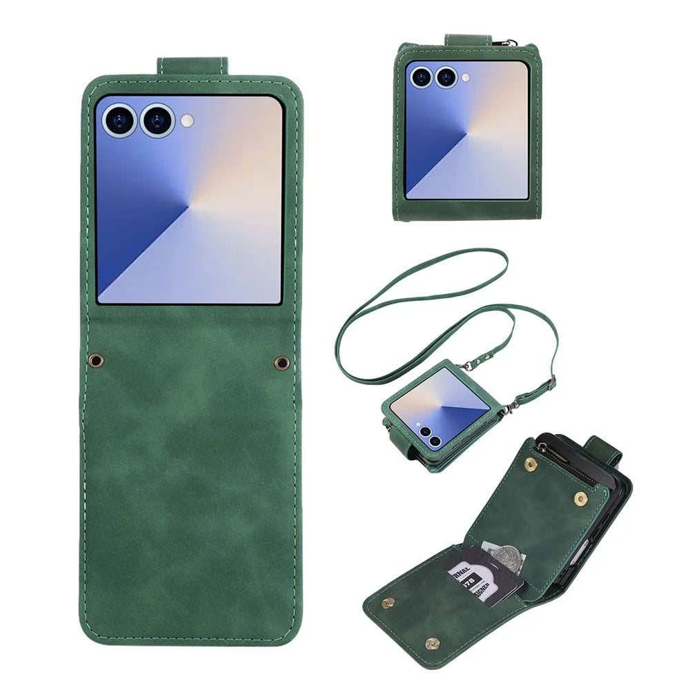 For Samsung Galaxy Z Flip7 5G Case Zipper Multi-Pocket Wallet Leather Phone Cover with Shoulder and Wrist Straps - Green - 1