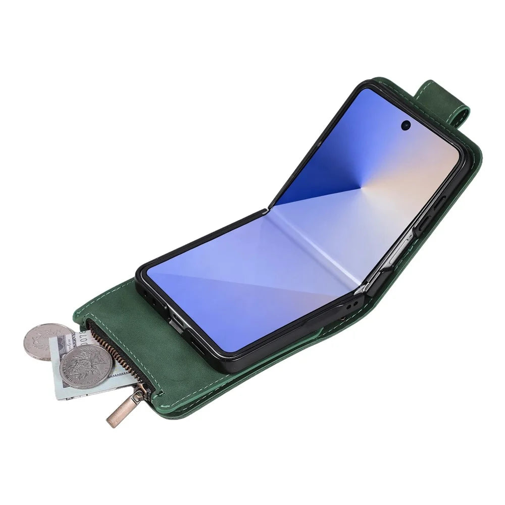 For Samsung Galaxy Z Flip7 5G Case Zipper Multi-Pocket Wallet Leather Phone Cover with Shoulder and Wrist Straps - Green - 2
