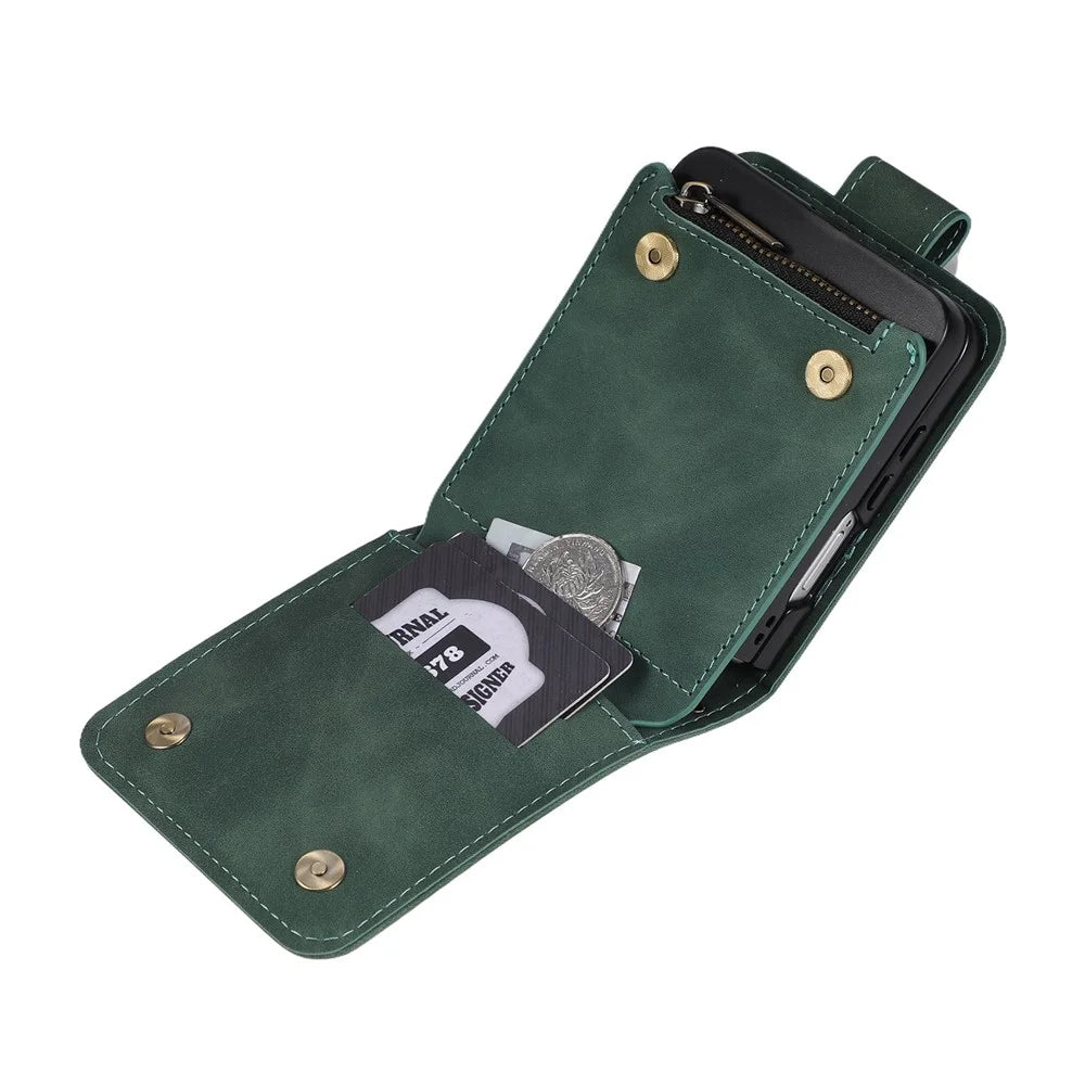 For Samsung Galaxy Z Flip7 5G Case Zipper Multi-Pocket Wallet Leather Phone Cover with Shoulder and Wrist Straps - Green - 3
