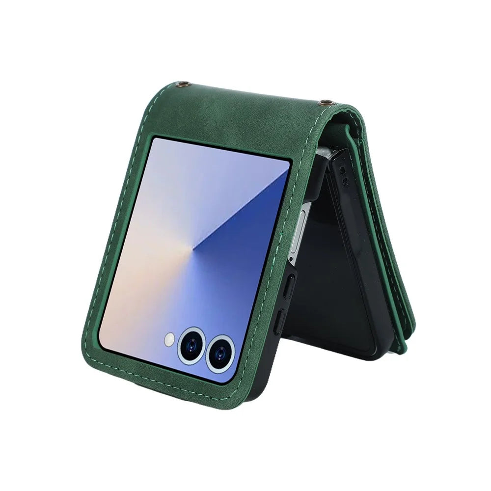For Samsung Galaxy Z Flip7 5G Case Zipper Multi-Pocket Wallet Leather Phone Cover with Shoulder and Wrist Straps - Green - 4