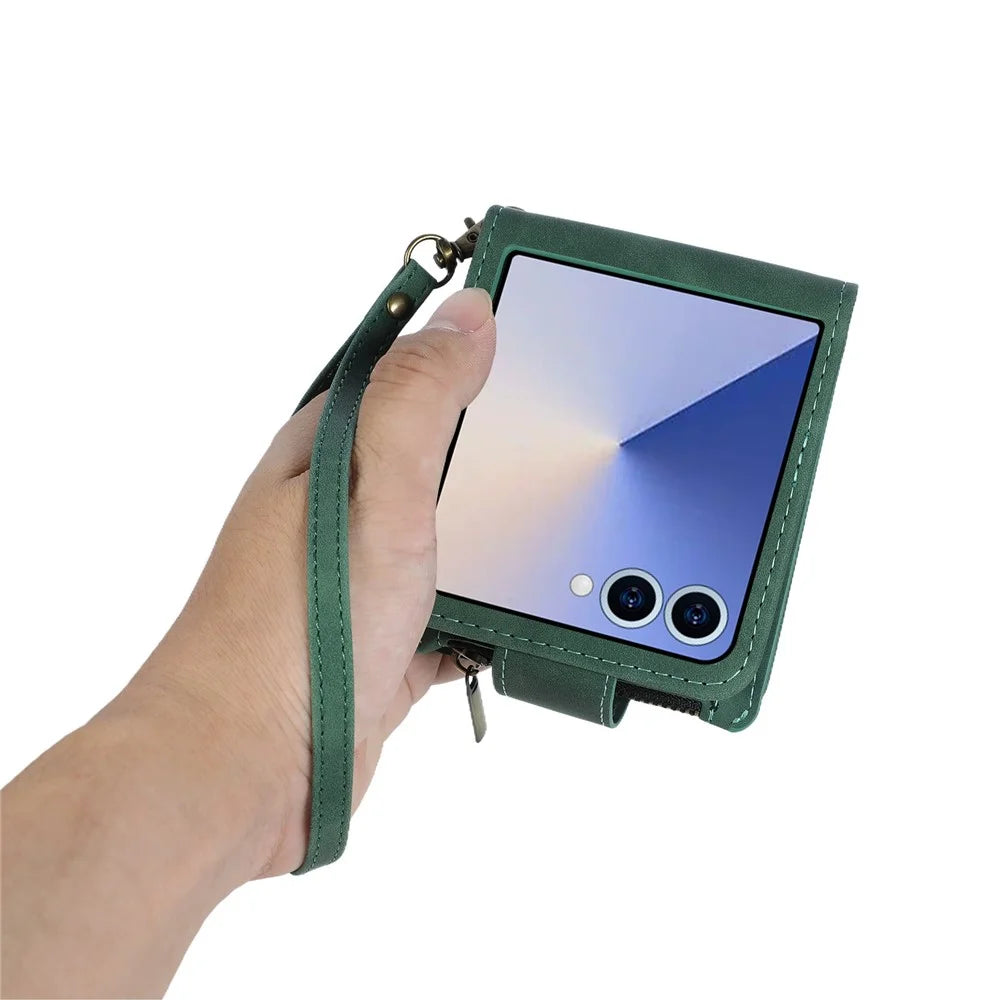 For Samsung Galaxy Z Flip7 5G Case Zipper Multi-Pocket Wallet Leather Phone Cover with Shoulder and Wrist Straps - Green - 5