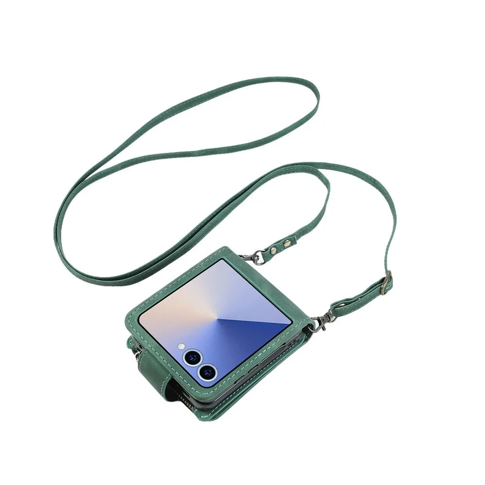 For Samsung Galaxy Z Flip7 5G Case Zipper Multi-Pocket Wallet Leather Phone Cover with Shoulder and Wrist Straps - Green - 6