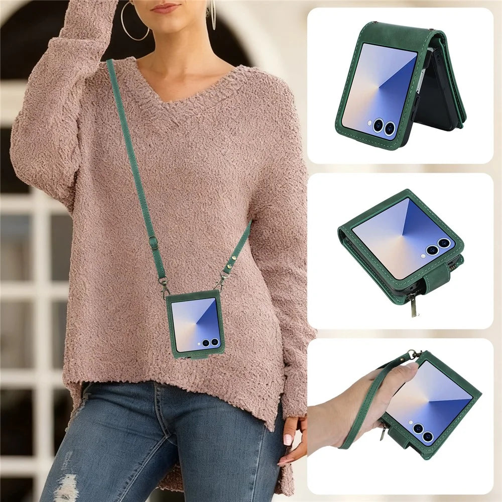 For Samsung Galaxy Z Flip7 5G Case Zipper Multi-Pocket Wallet Leather Phone Cover with Shoulder and Wrist Straps - Green - 7