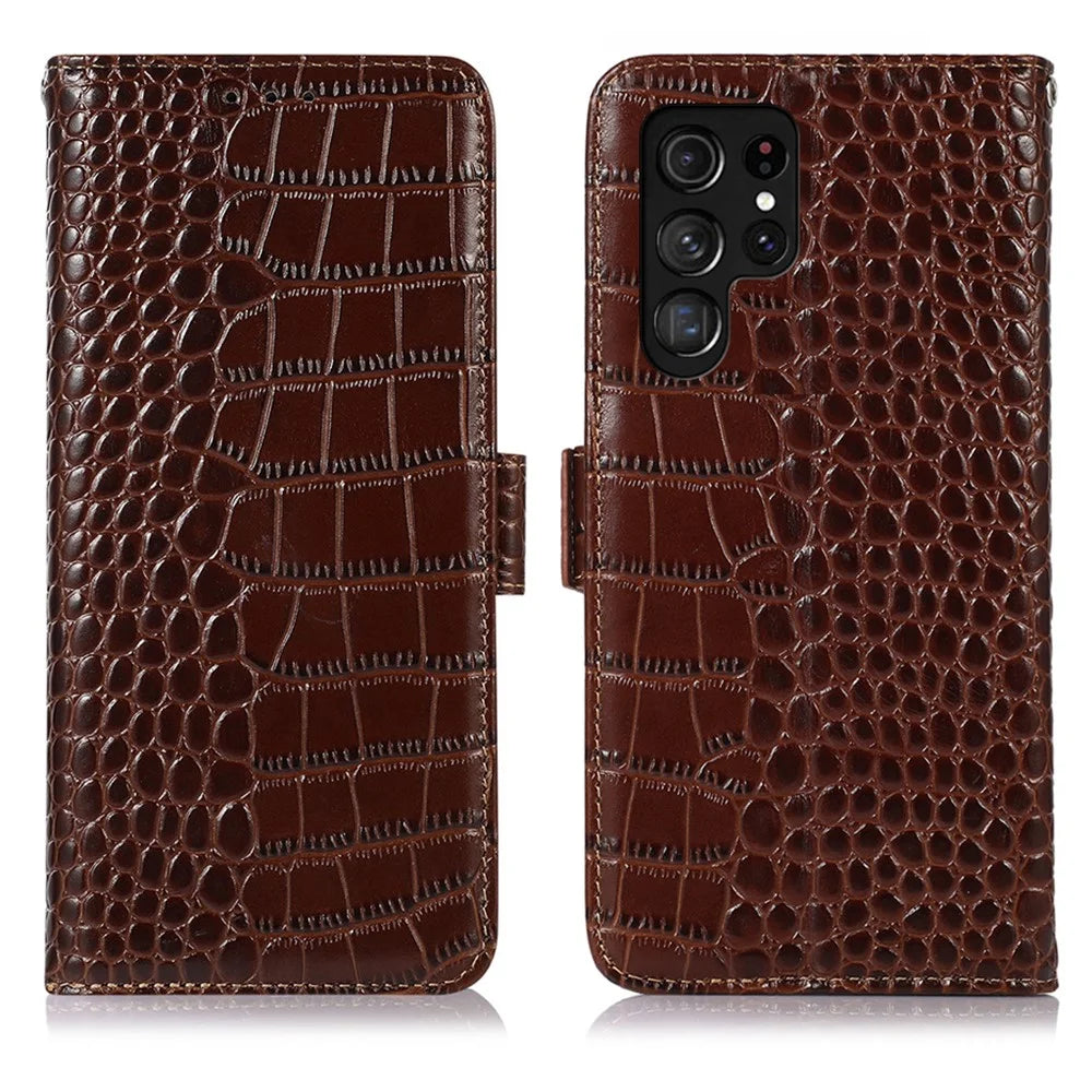 For Samsung Galaxy S26 Ultra Case RFID Blocking Wallet Crocodile Texture Genuine Cow Leather Phone Cover - Brown - 1