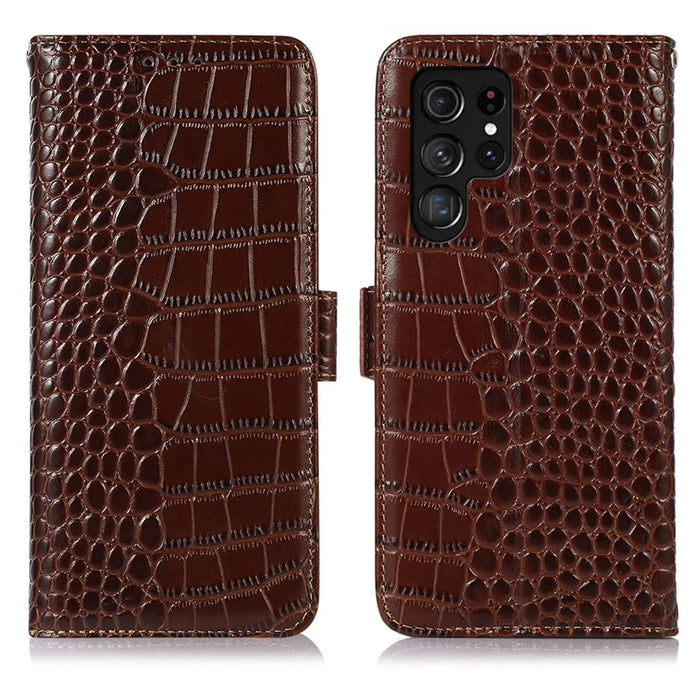 For Samsung Galaxy S26 Ultra Case RFID Blocking Wallet Crocodile Texture Genuine Cow Leather Phone Cover - Brown - 1