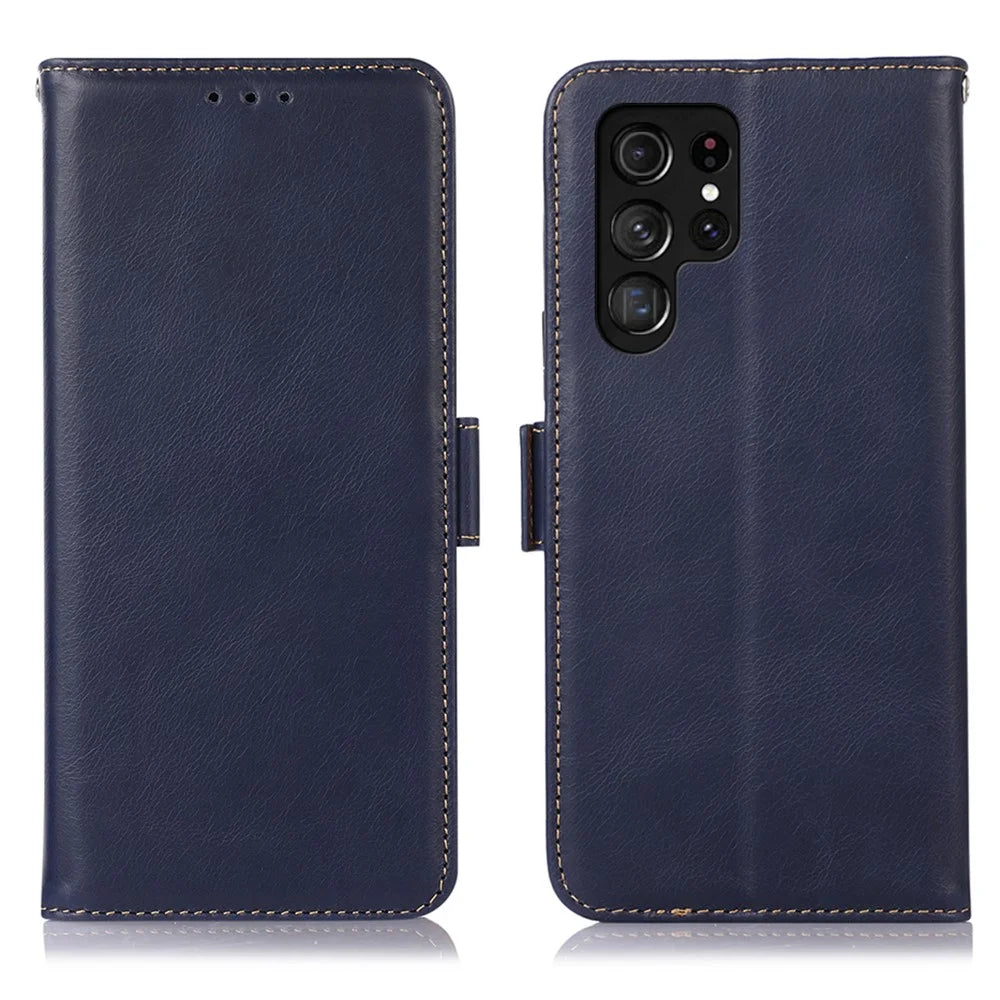 For Samsung Galaxy S26 Ultra Case RFID Blocking Genuine Cow Leather Wallet Phone Cover - Blue - 1